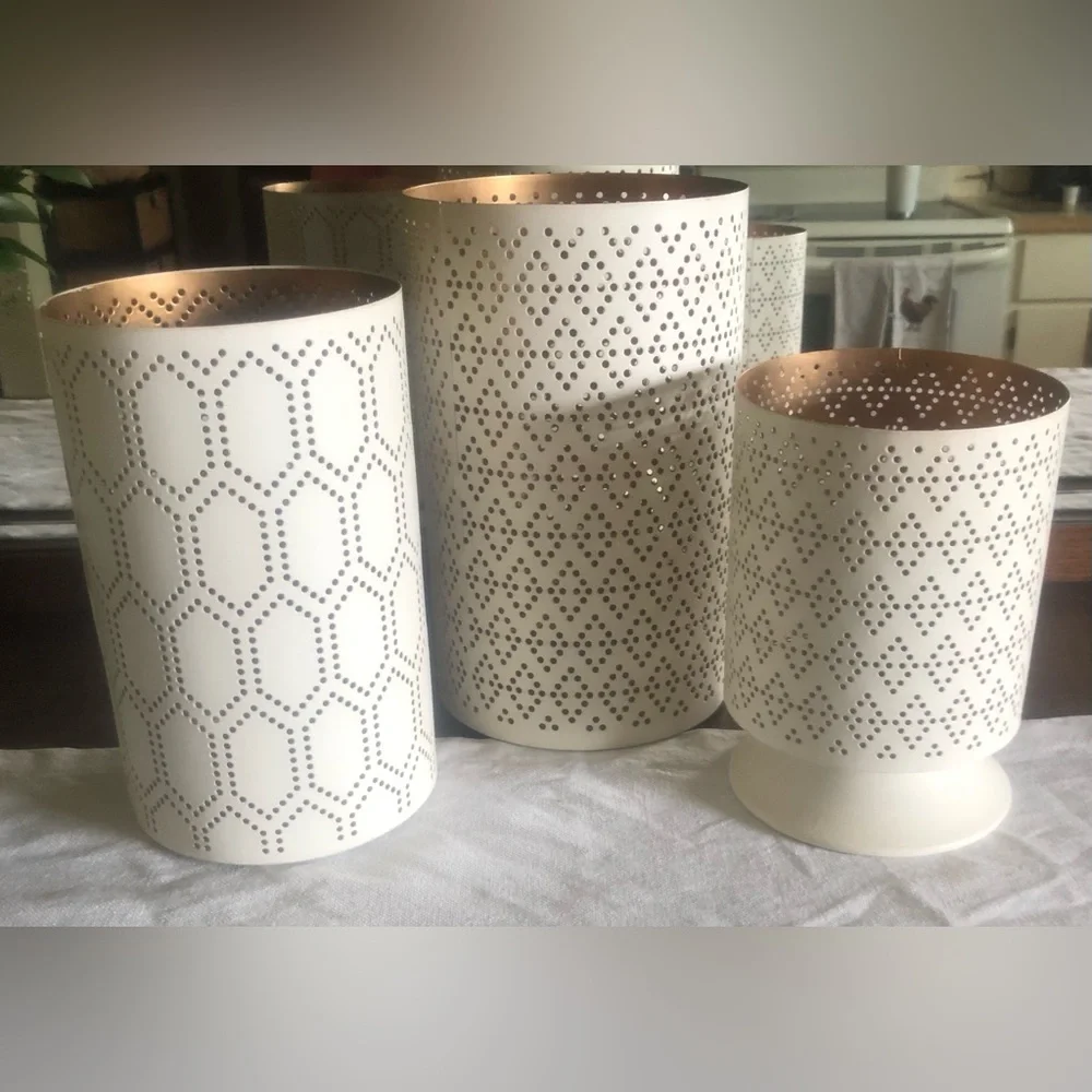 Threshold Laser-Cut Diamond Pattern Metal Candle Holders, White & Gold, Set Of 3